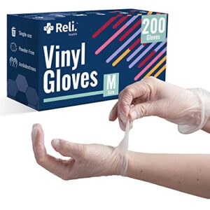 reli. vinyl gloves, medium | 200 pack | s,m,l,xl available | medium vinyl gloves, disposable | latex free gloves/powder free | disposable gloves for hand protection | ambidextrous (m)