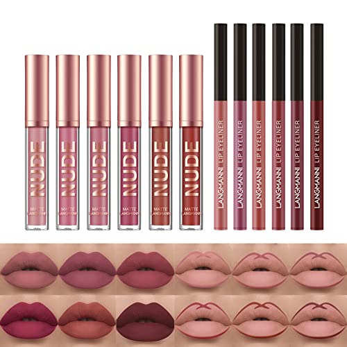 LANGMANNI 6 Matte Lipstick with 6 Lipliners Durable Makeup Set,Long-Lasting Non-Stick Cup Not Fade Waterproof Pigmented Velvet Lipgloss Kit Beauty Cosmetics Makeup Gift for Girls(12PCS)