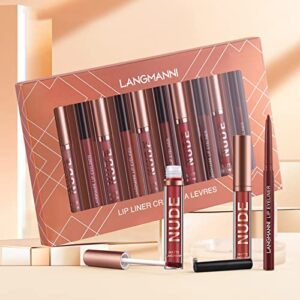 LANGMANNI 6 Matte Lipstick with 6 Lipliners Durable Makeup Set,Long-Lasting Non-Stick Cup Not Fade Waterproof Pigmented Velvet Lipgloss Kit Beauty Cosmetics Makeup Gift for Girls(12PCS)