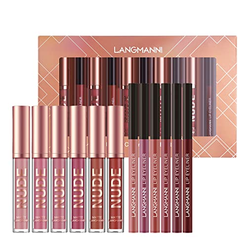 LANGMANNI 6 Matte Lipstick with 6 Lipliners Durable Makeup Set,Long-Lasting Non-Stick Cup Not Fade Waterproof Pigmented Velvet Lipgloss Kit Beauty Cosmetics Makeup Gift for Girls(12PCS)