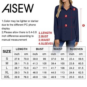 AISEW Womens Casual Button Down Shirts V Neck Chiffon Long Sleeve Collared Office Work Blouses Tops with Pocket (White, Medium)