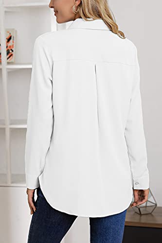 AISEW Womens Casual Button Down Shirts V Neck Chiffon Long Sleeve Collared Office Work Blouses Tops with Pocket (White, Medium)