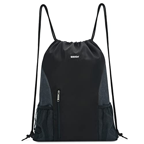 WANDF Drawstring Backpack Sports Gym Sackpack with Mesh Pockets Water Resistant String Bag for Women Men(Black)