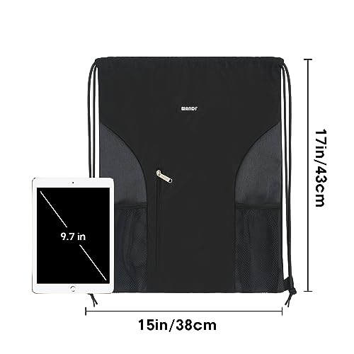 WANDF Drawstring Backpack Sports Gym Sackpack with Mesh Pockets Water Resistant String Bag for Women Men(Black)