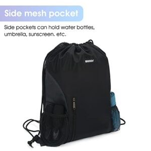WANDF Drawstring Backpack Sports Gym Sackpack with Mesh Pockets Water Resistant String Bag for Women Men(Black)