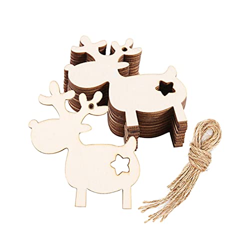 20pcs Reindeer Wood DIY Crafts Cutouts Wooden Elk Shaped Hanging Ornaments with Hole Hemp Ropes Gift Tags for Halloween Thanksgiving Christmas Party Decoration