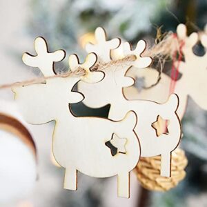 20pcs Reindeer Wood DIY Crafts Cutouts Wooden Elk Shaped Hanging Ornaments with Hole Hemp Ropes Gift Tags for Halloween Thanksgiving Christmas Party Decoration