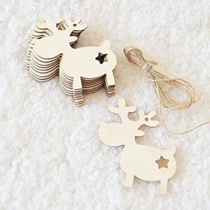 20pcs Reindeer Wood DIY Crafts Cutouts Wooden Elk Shaped Hanging Ornaments with Hole Hemp Ropes Gift Tags for Halloween Thanksgiving Christmas Party Decoration