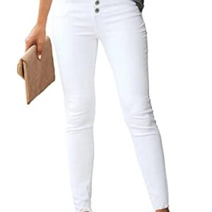 Sidefeel Womens High Waisted Skinny Jeans Button Fly Raw Hem Elegant Denim Pants X-Large White