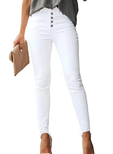 Sidefeel Womens High Waisted Skinny Jeans Button Fly Raw Hem Elegant Denim Pants X-Large White