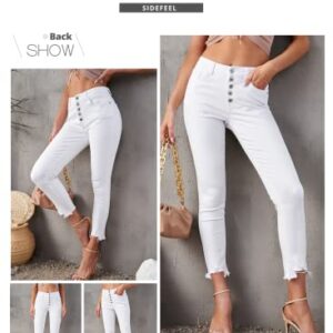 Sidefeel Womens High Waisted Skinny Jeans Button Fly Raw Hem Elegant Denim Pants X-Large White