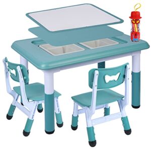 redswing 3 in 1 kids table and chair set, multi activity drawing table with 2 chairs for toddlers, plastic height adjustable play table with storage bins, blue