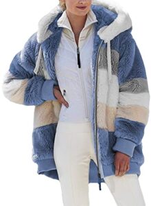 dokotoo womens fashion color block patchwork winter fuzzy warm fleece jacket with hooded casual warm open front long sleeve cardigans zipper coats for women outerwear with pockets blue x-large