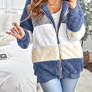 Dokotoo Womens Fashion Color Block Patchwork Winter Fuzzy Warm Fleece Jacket with Hooded Casual Warm Open Front Long Sleeve Cardigans Zipper Coats for Women Outerwear with Pockets Blue X-Large