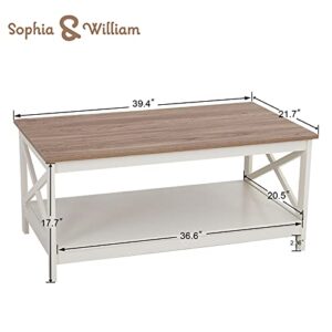 Sophia & William Coffee Table Farmhouse Cocktail Table with Storage Shelf, Wood Look Accent Furniture for Living Room, Ivory