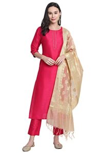 janasya women's pink poly silk kurta with pant and dupatta