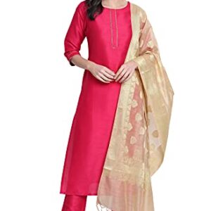 Janasya Women's Pink Poly Silk Kurta with Pant and Dupatta