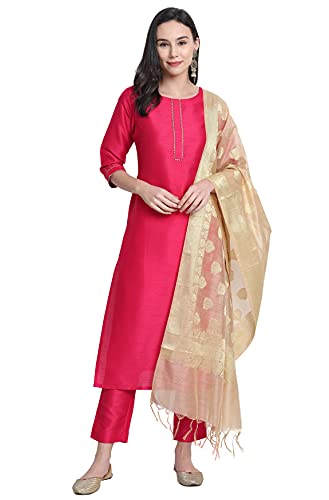 Janasya Women's Pink Poly Silk Kurta with Pant and Dupatta