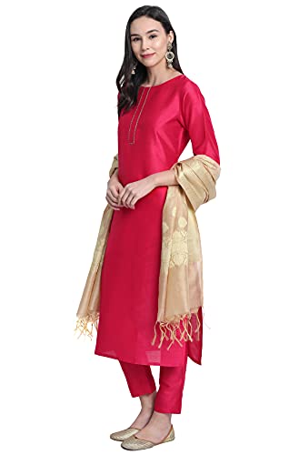 Janasya Women's Pink Poly Silk Kurta with Pant and Dupatta