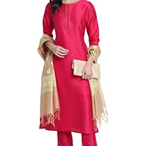 Janasya Women's Pink Poly Silk Kurta with Pant and Dupatta