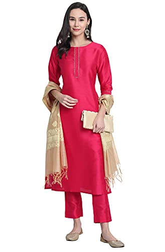 Janasya Women's Pink Poly Silk Kurta with Pant and Dupatta