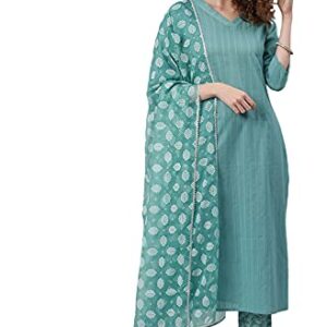 Janasya Women's Blue Cotton Kurta With Pant And Printed Dupatta