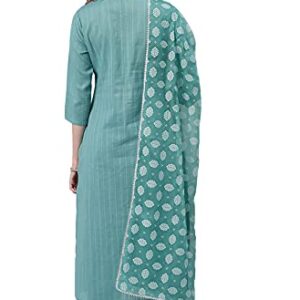 Janasya Women's Blue Cotton Kurta With Pant And Printed Dupatta