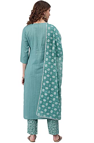 Janasya Women's Blue Cotton Kurta With Pant And Printed Dupatta