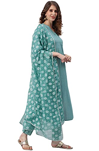 Janasya Women's Blue Cotton Kurta With Pant And Printed Dupatta