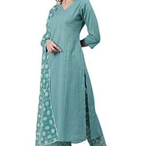 Janasya Women's Blue Cotton Kurta With Pant And Printed Dupatta