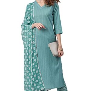 Janasya Women's Blue Cotton Kurta With Pant And Printed Dupatta