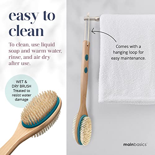 MainBasics Back Scrubber for Shower Long Handle Back Brush Dual-Sided with Exfoliating and Soft Bristles