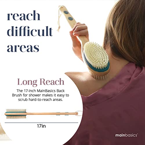 MainBasics Back Scrubber for Shower Long Handle Back Brush Dual-Sided with Exfoliating and Soft Bristles