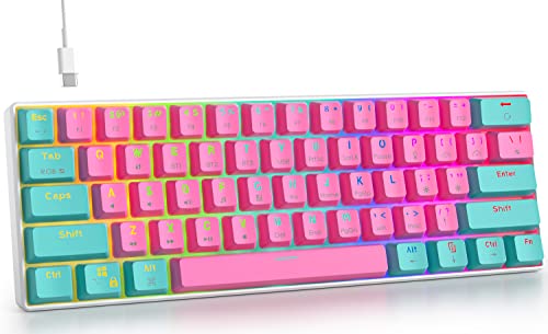 Fogruaden HYSSP 60% Wireless Mechanical Keyboard 61 Keys Pink Gaming Keyboard with PBT Keycaps RGB Backlight Type-C Cable for PC/Mac Gamger (Blue Switch Miami)