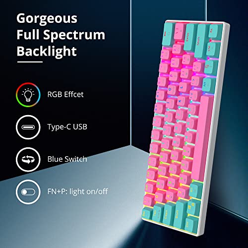 Fogruaden HYSSP 60% Wireless Mechanical Keyboard 61 Keys Pink Gaming Keyboard with PBT Keycaps RGB Backlight Type-C Cable for PC/Mac Gamger (Blue Switch Miami)