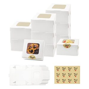 tkonline 50 pack 4 x 4 x 2.5 inches small cookie boxes with window white bakery boxes cake boxes white pastry boxes for mini cookies, cupcakes, dessert, single donut, stickers included