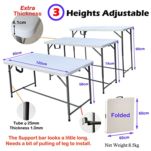 BOSOVEL 4ft Folding Table 3 Adjustable Height, 35 inch Height Portable Plastic Table for DJ Kitchen Party Camping Picnic Dining, Fold in Half w/Handle, White