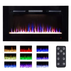 s-through electric fireplace insert, recessed and wall mounted electric fireplace heater, 36 inch linear electric fireplace with remote control & timer, touch screen, adjustable flame color，750w/1500w