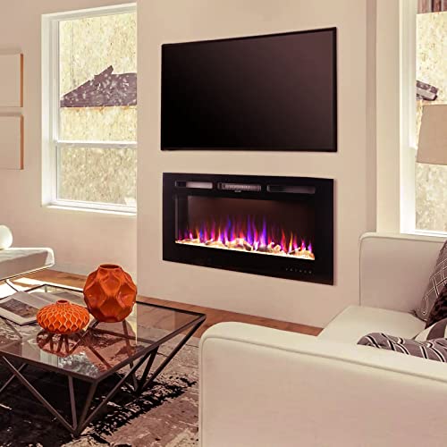 S-THROUGH Electric Fireplace Insert, Recessed and Wall Mounted Electric Fireplace Heater, 36 Inch Linear Electric Fireplace with Remote Control & Timer, Touch Screen, Adjustable Flame Color，750w/1500w