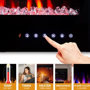 S-THROUGH Electric Fireplace Insert, Recessed and Wall Mounted Electric Fireplace Heater, 36 Inch Linear Electric Fireplace with Remote Control & Timer, Touch Screen, Adjustable Flame Color，750w/1500w