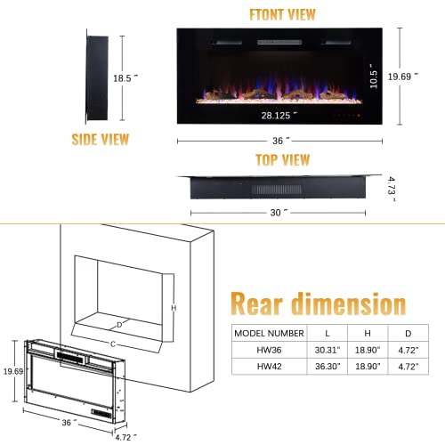 S-THROUGH Electric Fireplace Insert, Recessed and Wall Mounted Electric Fireplace Heater, 36 Inch Linear Electric Fireplace with Remote Control & Timer, Touch Screen, Adjustable Flame Color，750w/1500w