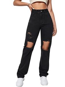 sweatyrocks women's casual loose ripped denim pants distressed wide leg jeans black xl