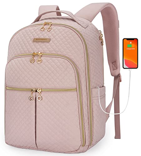 BAGSMART Laptop Backpack Women, Lightweight Travel Backpack for Women, 15.6" Multi-compartment Black College Backpack Stylish Bookbag with USB Charging Hole, Pink