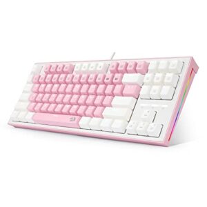 redragon k611 dual color keys mechanical gaming keyboard single white led + rgb side edge backlit 87 key tenkeyless wired computer keyboard with blue switches for windows pc (pink + white)