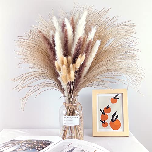 Pampas Grass Boho Home Decor, 75Pcs Natural Dried Carefully Hand-Picked Fluffy Pompas Grass 17", White & Brown Pampas Grass, Reed, Bunny Tails for Flower Arrangements Boho Wedding Home Décor