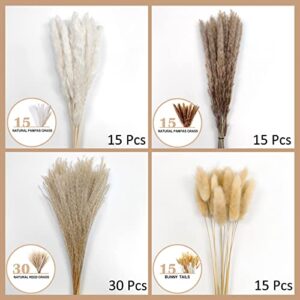 Pampas Grass Boho Home Decor, 75Pcs Natural Dried Carefully Hand-Picked Fluffy Pompas Grass 17", White & Brown Pampas Grass, Reed, Bunny Tails for Flower Arrangements Boho Wedding Home Décor