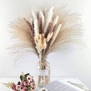 Pampas Grass Boho Home Decor, 75Pcs Natural Dried Carefully Hand-Picked Fluffy Pompas Grass 17", White & Brown Pampas Grass, Reed, Bunny Tails for Flower Arrangements Boho Wedding Home Décor