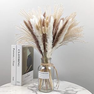 Pampas Grass Boho Home Decor, 75Pcs Natural Dried Carefully Hand-Picked Fluffy Pompas Grass 17", White & Brown Pampas Grass, Reed, Bunny Tails for Flower Arrangements Boho Wedding Home Décor