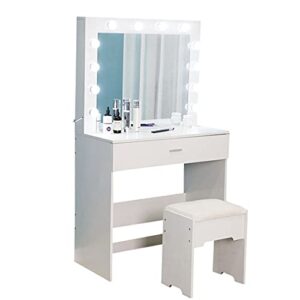 teegui vanity set with lighted mirror, makeup vanity dressing table dresser desk chair with large drawer for bedroom, white bedroom furniture(12 cool led bulbs) [us shipping]