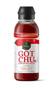 bibigo gotchu - extra spicy korean hot sauce, made with gochujang fermented pepper paste, low heat sweet-spicy-savory-earthy flavor [10.7 oz squeeze bottle]